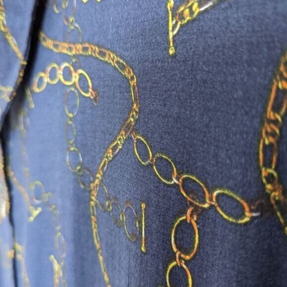 GRAND & GREENE chain print Navy blouse button down shirt adjustable sleeves L @P - Picture 6 of 14
